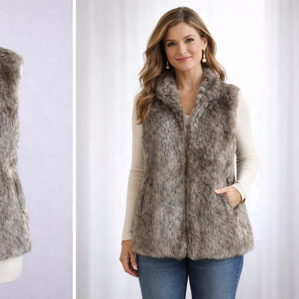 Brown Taupe Faux Fur Vest Size L Cozy Winter Layering